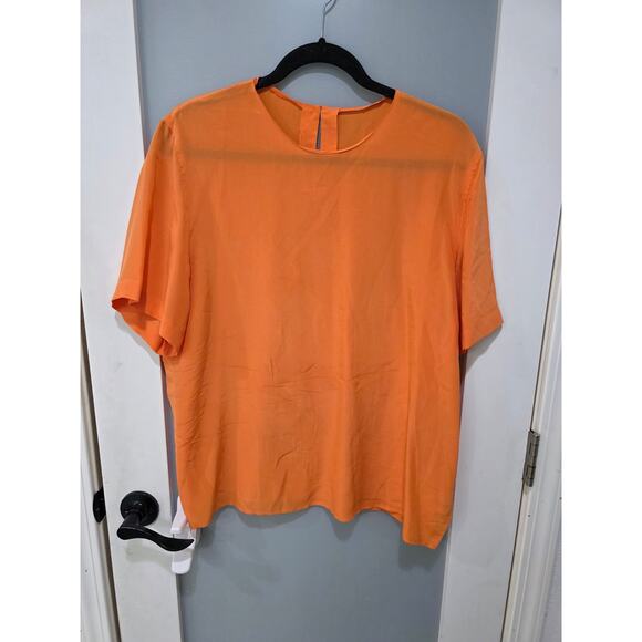 Silky Orange Blouse Short Sleeve Keyhole Back Minimalist Top PTP23 L25 - Picture 1 of 4